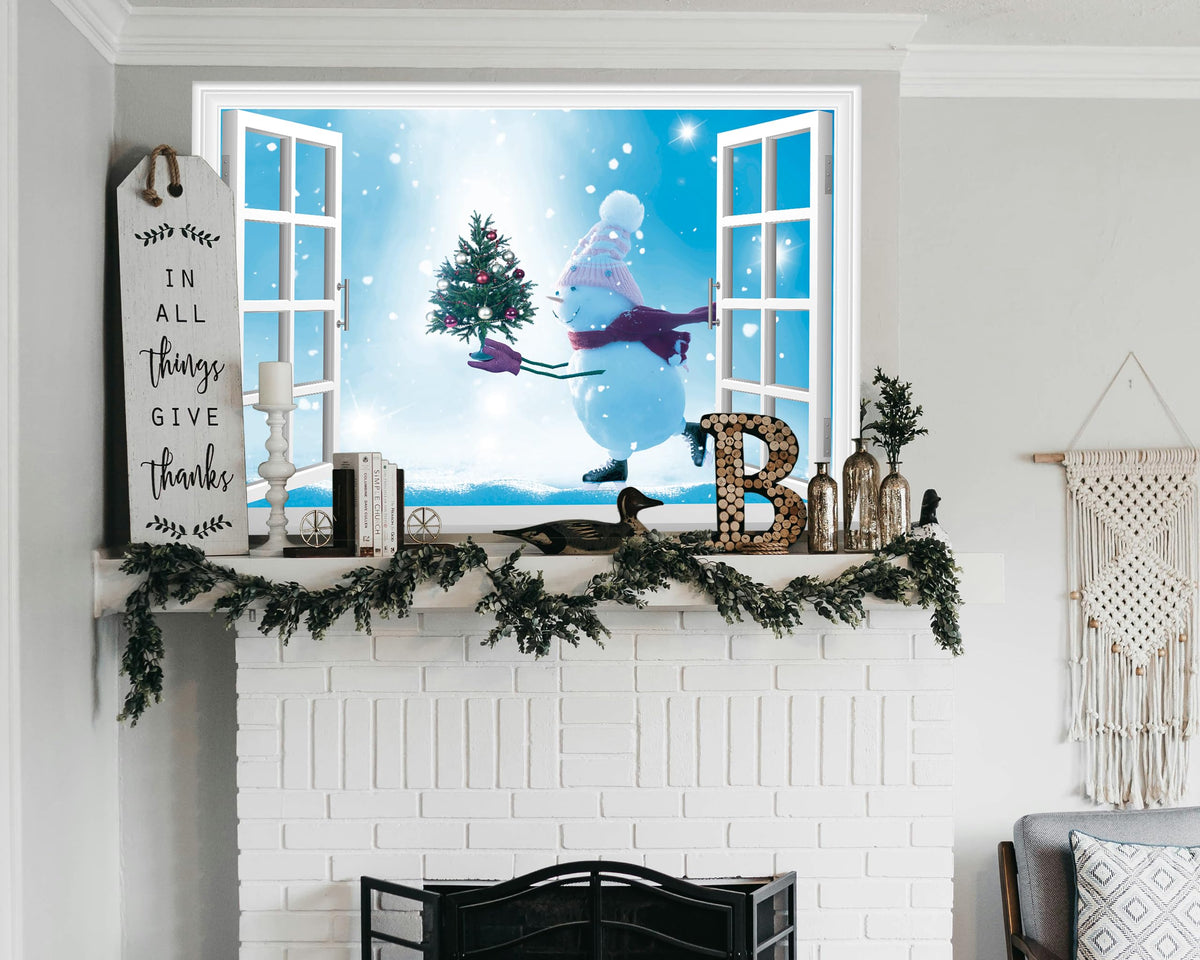 FLFK Fake Window Wall Mural - Snowman Holding a Christmas Tree Faux Window Wall Sticker for Wall Decor, Peel and Stick Wall Decals,48"x32",Set of 2 Sheets