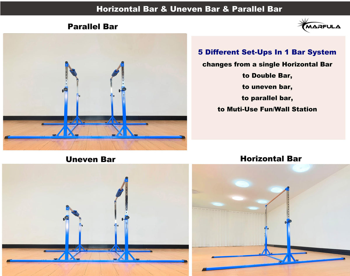 MARFULA Gymnastics Double Horizontal Bars 3Play Parallel Bars Uneven Bars Gymnastics Training Kip Bar with 304 Stainless Steel Regulating Arms & Fiberglass Rail for Indoor Outdoor Home Club Use