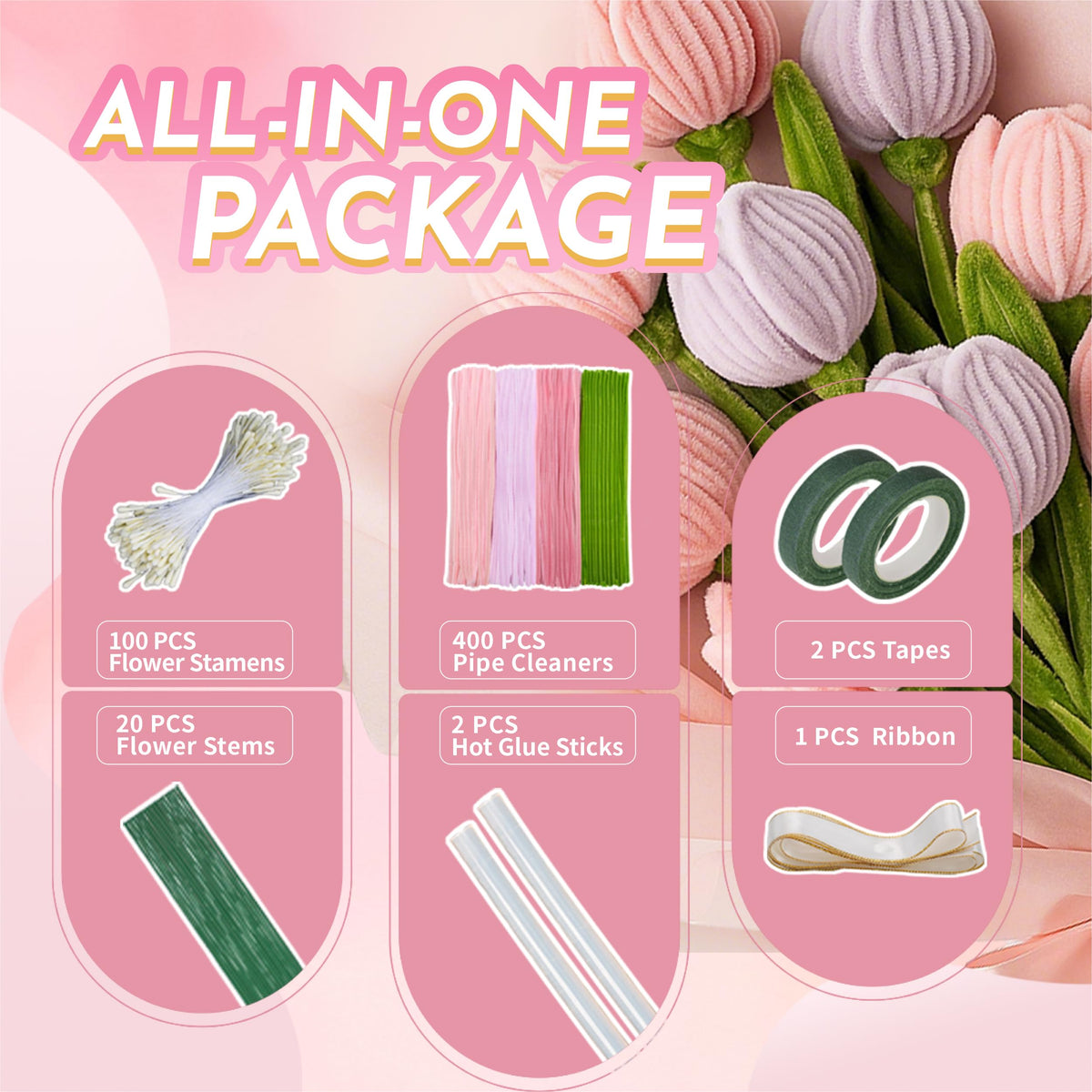 Upgraded 2026 Pipe Cleaners Craft Kit: 400-Piece DIY Flower Making Supplies with Exclusive Color Palette | Includes Chenille Stems, Floral Wire, Gardening Tape, Stamen & Ribbon for Kids Arts & Crafts
