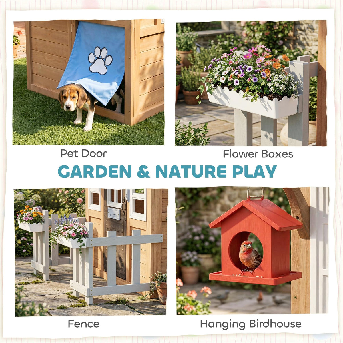 Qaba Outdoor Playhouse with Pet Door, Wooden Kids Playhouse with Play Kitchen, Mailbox, Doorbell, Birdhouse, Fence and Windows for Garden, Backyard, Indoor Playroom Pretend Play, Ages 2+, Brown