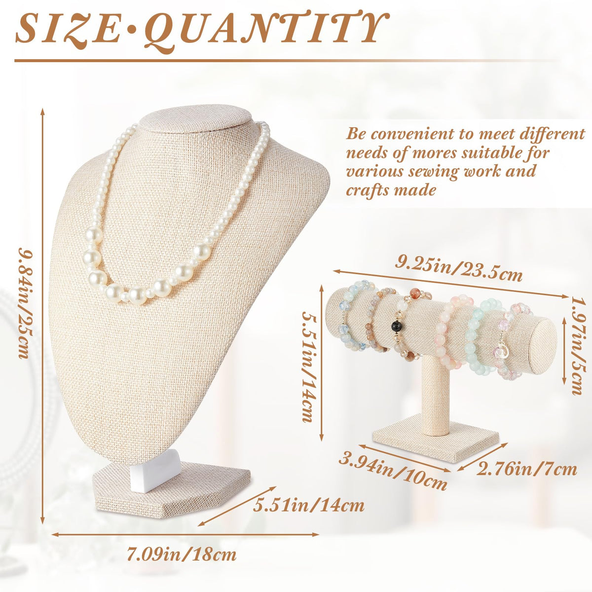 Huquary 6 Pcs Jewelry Display Set Necklace Display Stand T Bar Bracelet Holder Jewelry Bust for Home Store Trade Show(Linen)