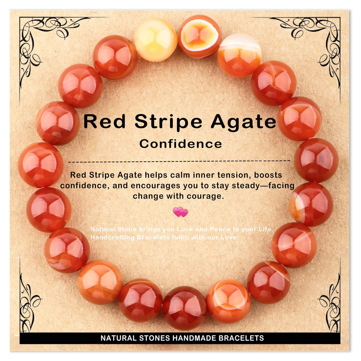 AD Beads 10mm Handmade Red Stripe Agate Elastic Bracelet – Natural Gemstone for Confidence – Meditation, Yoga, Healing and Energy Gift for Men Women