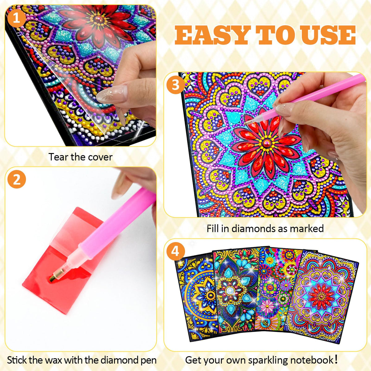 LINGFANG 4 Pack Diamond Art Kits for Adults Teens, Diamond Painting Journals Notebooks, DIY 5D Gem Dots Art Crafts for Adults, Teenagers' Birthday, Graduation, Gifts with Tools (Simple Pattern)