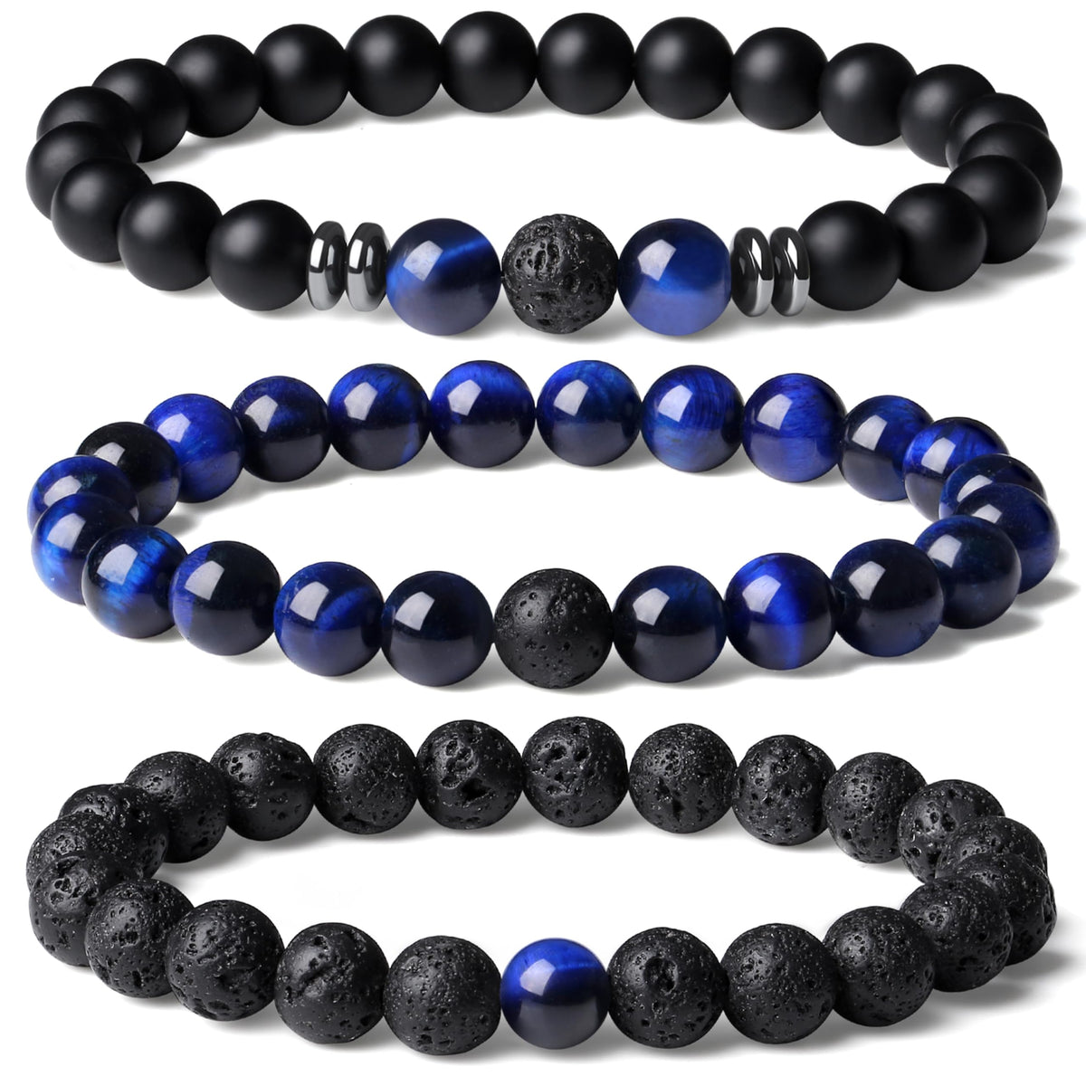 XIANNVXI Mens Blue Crystal Beads Bracelet 3PC Blue Black Stone 8mm Bead Bracelets Set for Men Stretch Lava Rock Obsidian Black Crystal Beaded Bracelet for Mens