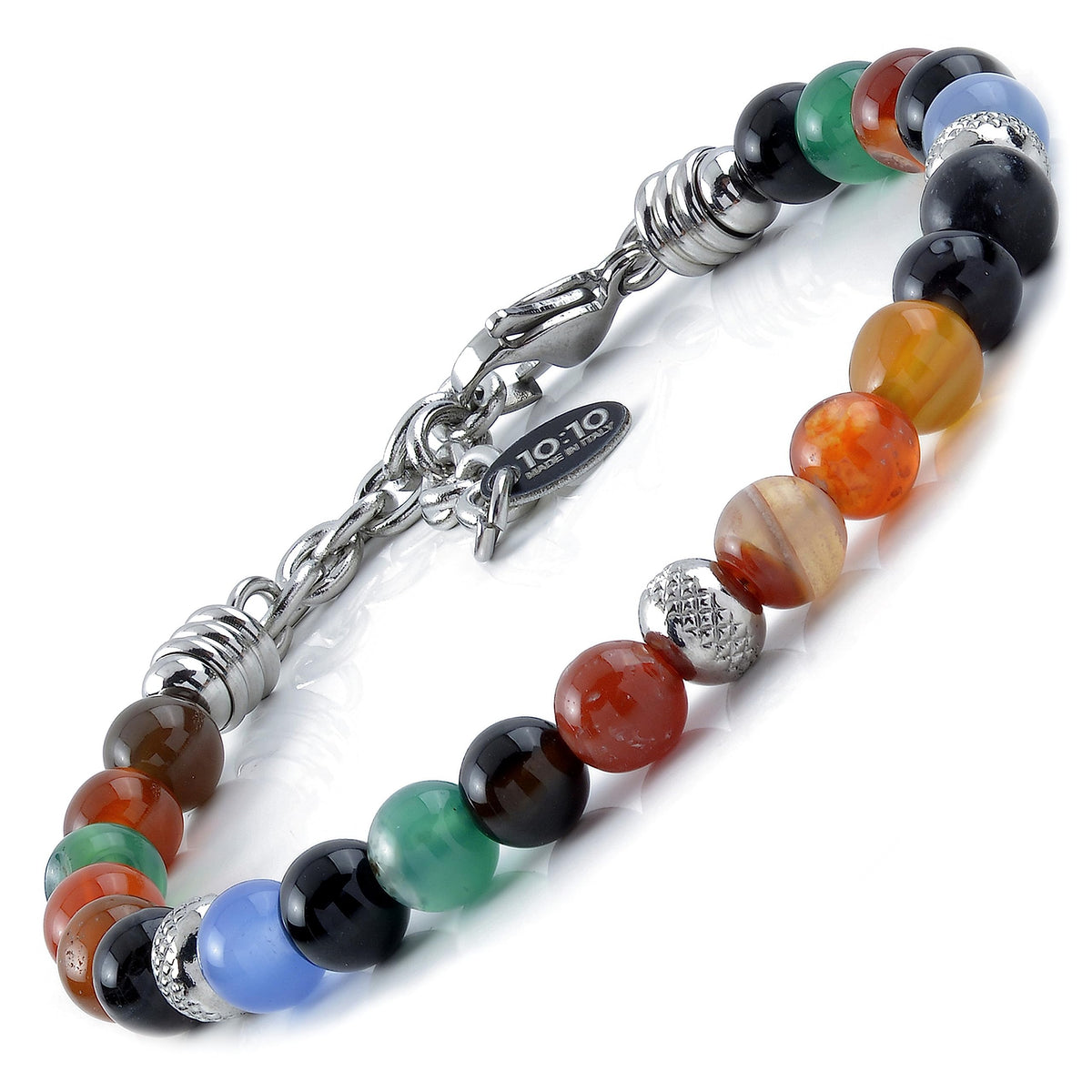 10:10 Beaded Bracelet for Men and Women – Natural Agate Multicolor Gemstones and Stainless Steel – Adjustable & Durable & Elegant – Made in Italy