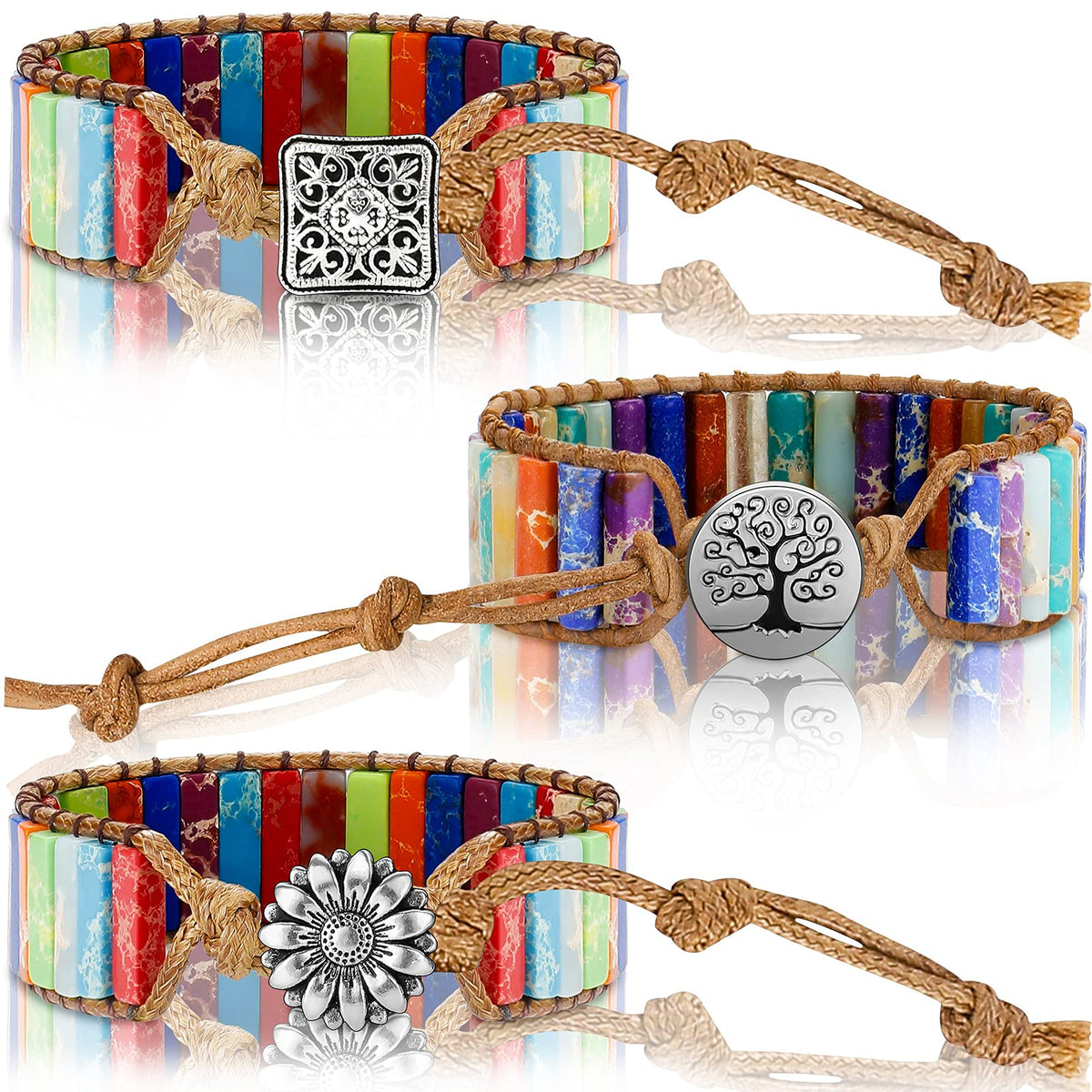 Hicarer 3 Pcs 7 Chakra Bracelets for Women Men Natural Stone Leather Wrap Healing Bead Bracelets Healing Stone Boho Friendship Jewelry Gifts