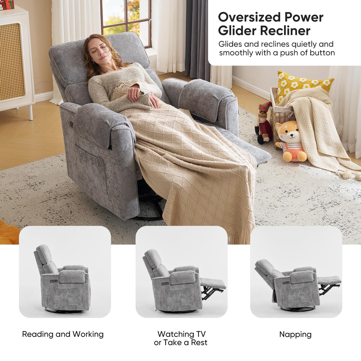 Rhevoy 24" Extra Wide Swivel Rocker Recliner Chair with Adjustable Headrest, Oversized Power Rocker Recliner with Overstuffed Armrest, Chenille Rocking Chair Nursery with USB Ports, Grey