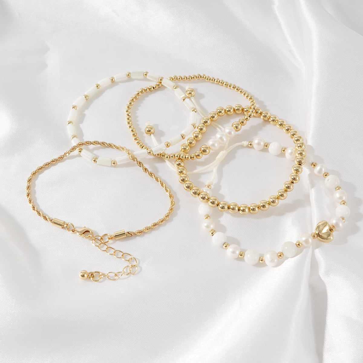 GOOJIDS Tiny Pearl Gold Plated Heart Beaded Bracelets For Women Dainty Gold Plated Pearls Stack Layered Beads Bracelet set for MAMA Birthday