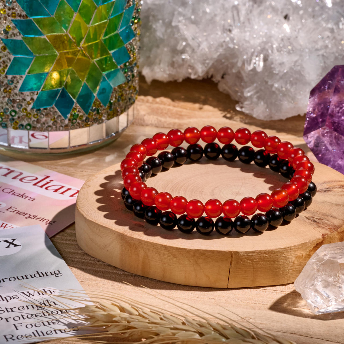 Bivei 2-Piece 8mm Beaded Bracelets for Women – Black Onyx, Carnelian – Handmade Natural Crystal Stretch Elastic Jewelry for Meditation, Yoga, Protection Gifts