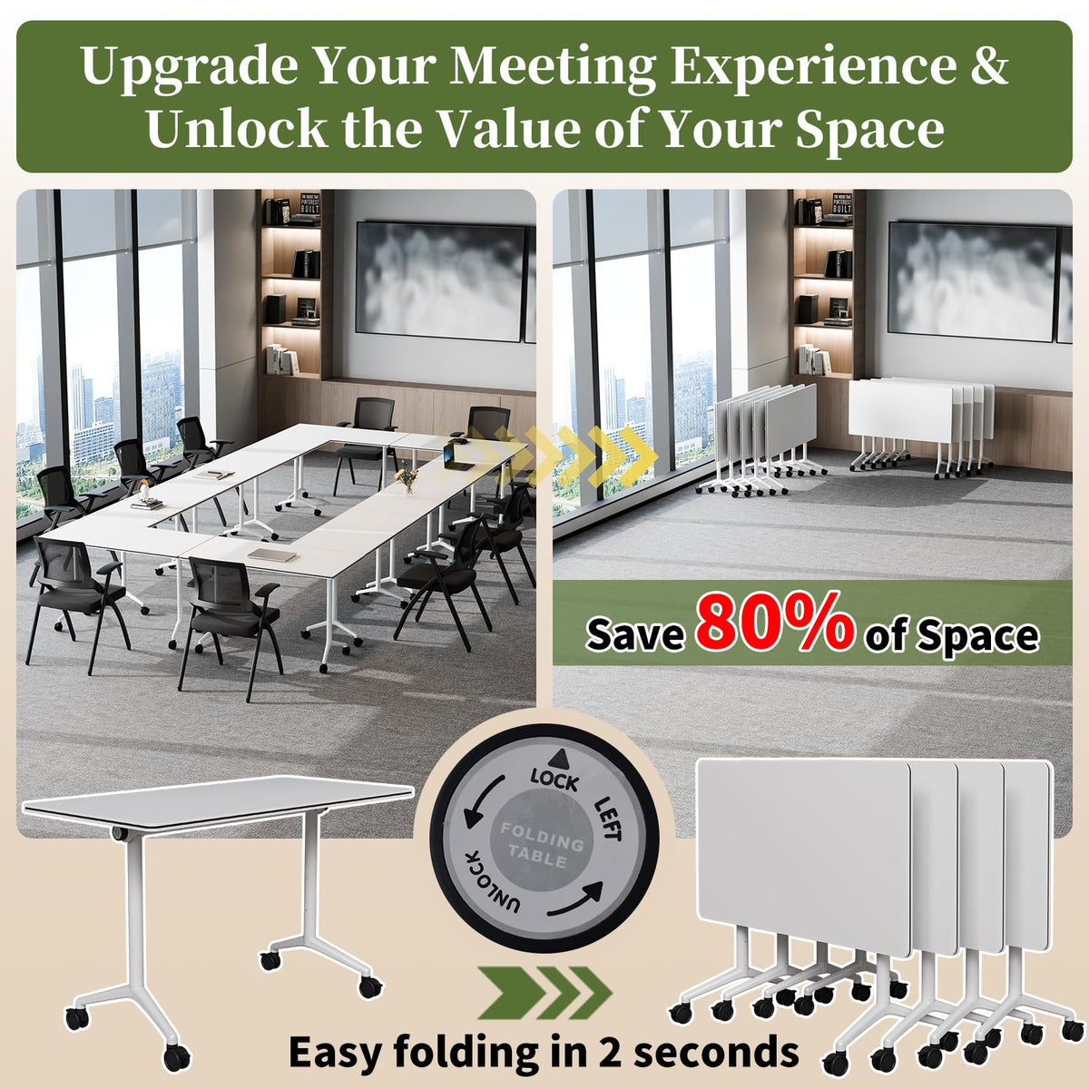 Modular Folding Conference Table with Wheels,6 Pack Mobile Conference Room Tables,Filp Top Rolling Meeting Training Tables for Office,Classroom,Library,Seminar,Boardroom,school(6pack,White,47in)