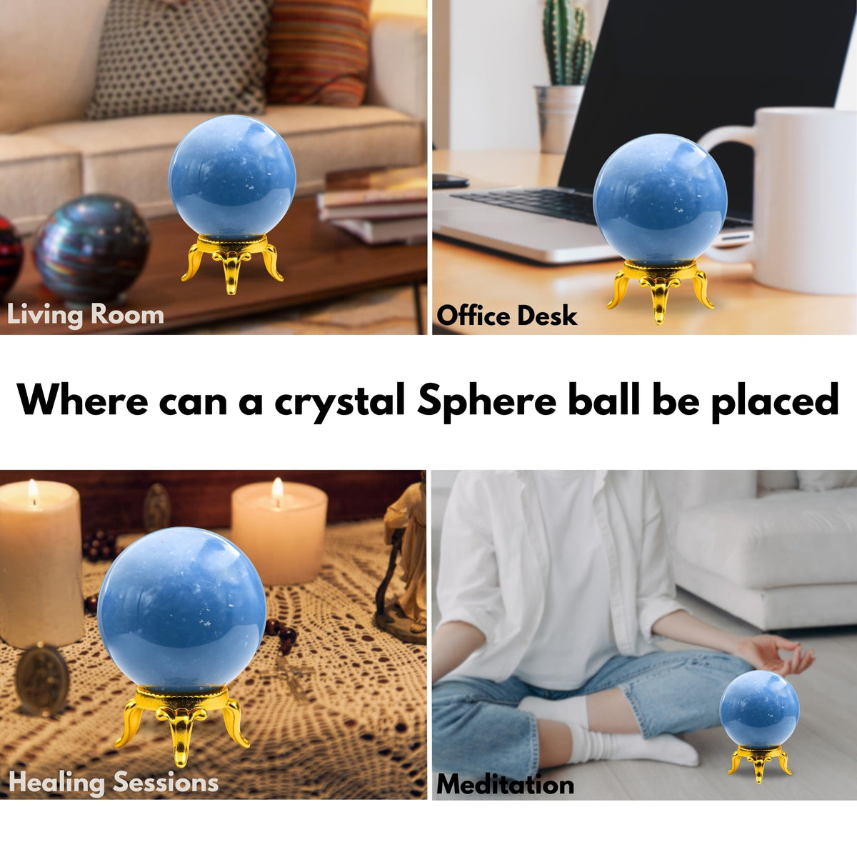 Amazing Gemstone Angelite Crystal Ball with Stand - 2" Inches Crystal Sphere Meditation Balls for Witchcraft and Decorative Balls