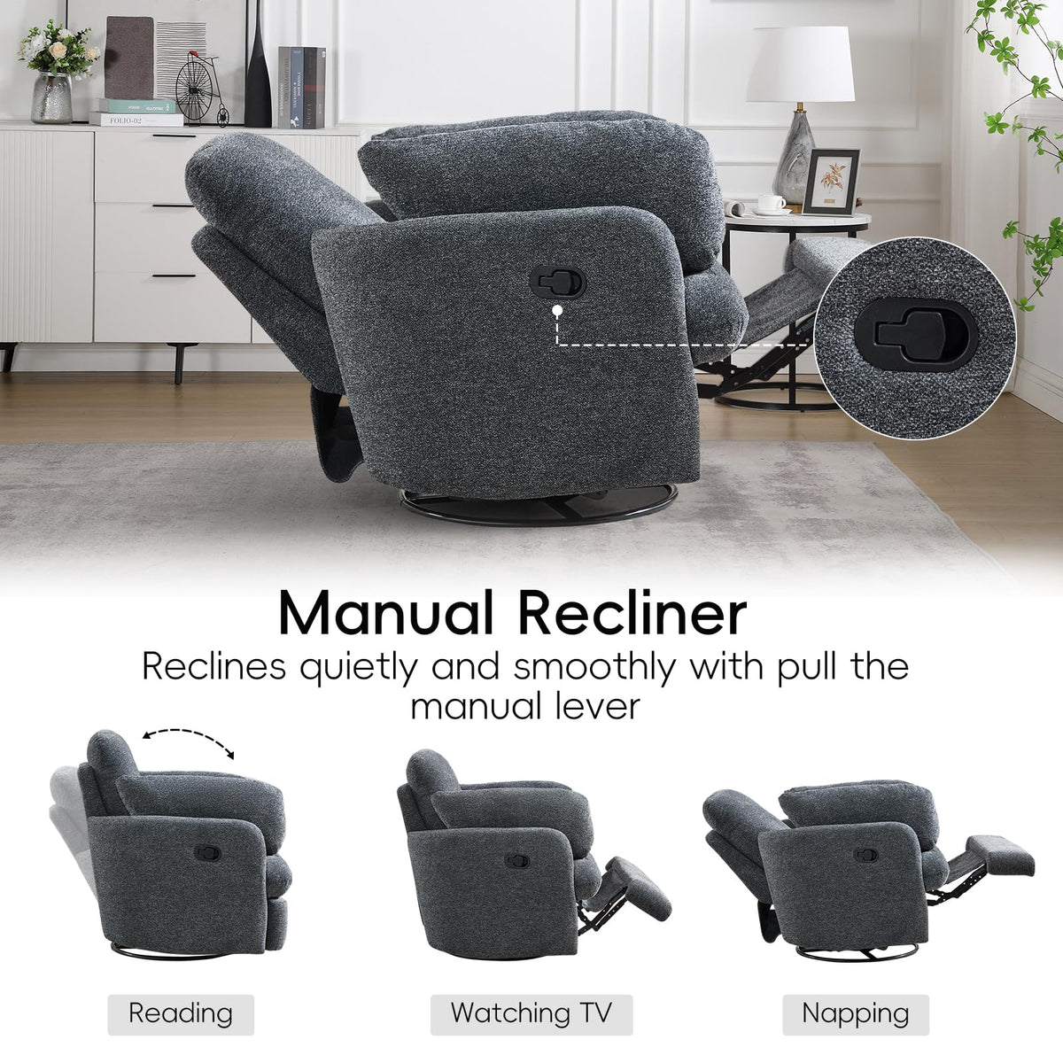 Bonzy Home Manual Recliner Chair Set of 2, 360°Swivel Rocker Recliner Chair for Adults, Overstuffed Nursery Rocking Reclining Sofa with 2 Pillows and Hidden Storage, Dark Grey