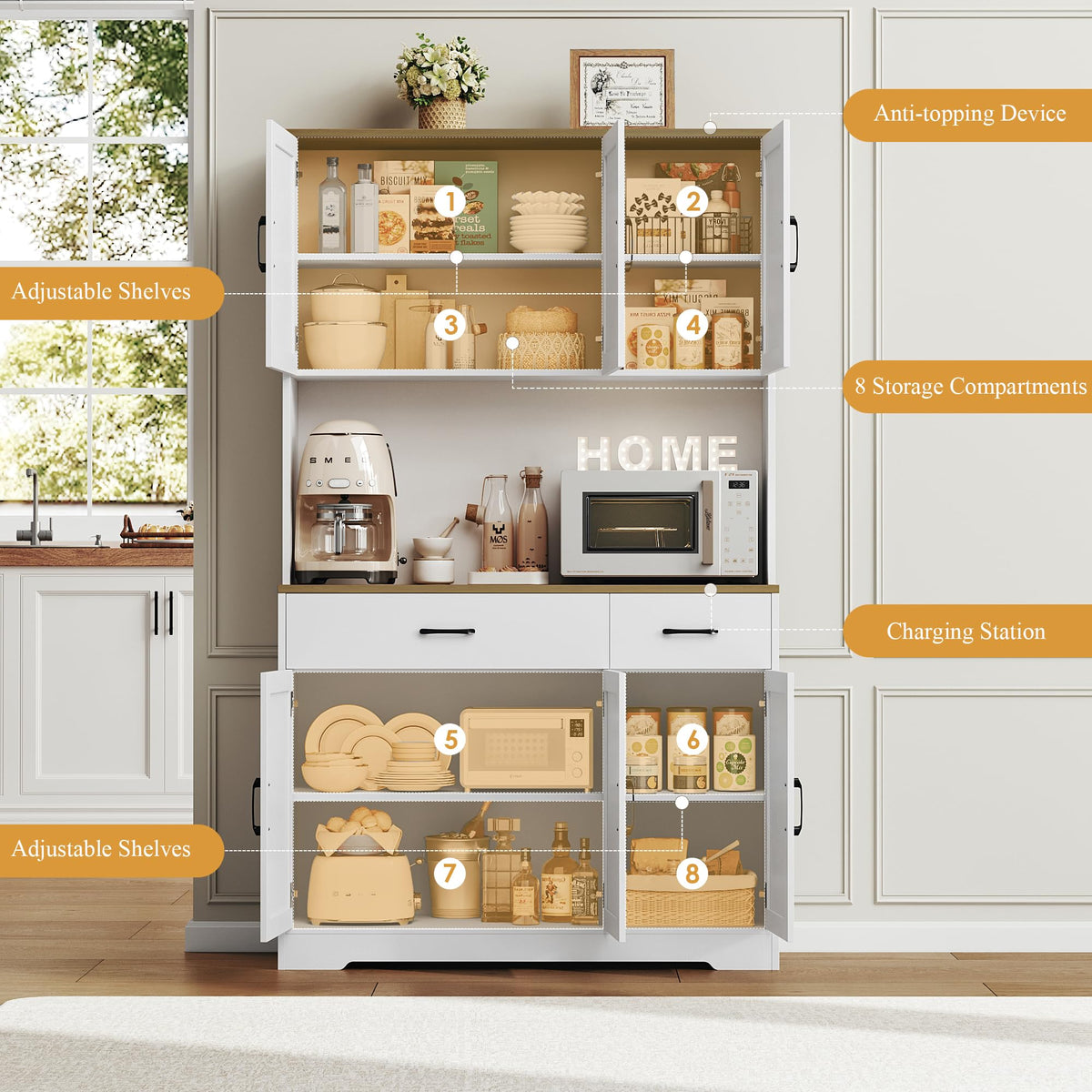 HOSTACK 71" Pantry Cabinet with Charging Station, Tall Kitchen Pantry Storage Cabinet with Microwave Stand, Farmhouse Kitchen Hutch with Storage Drawers for Living Room, Dining Room, White
