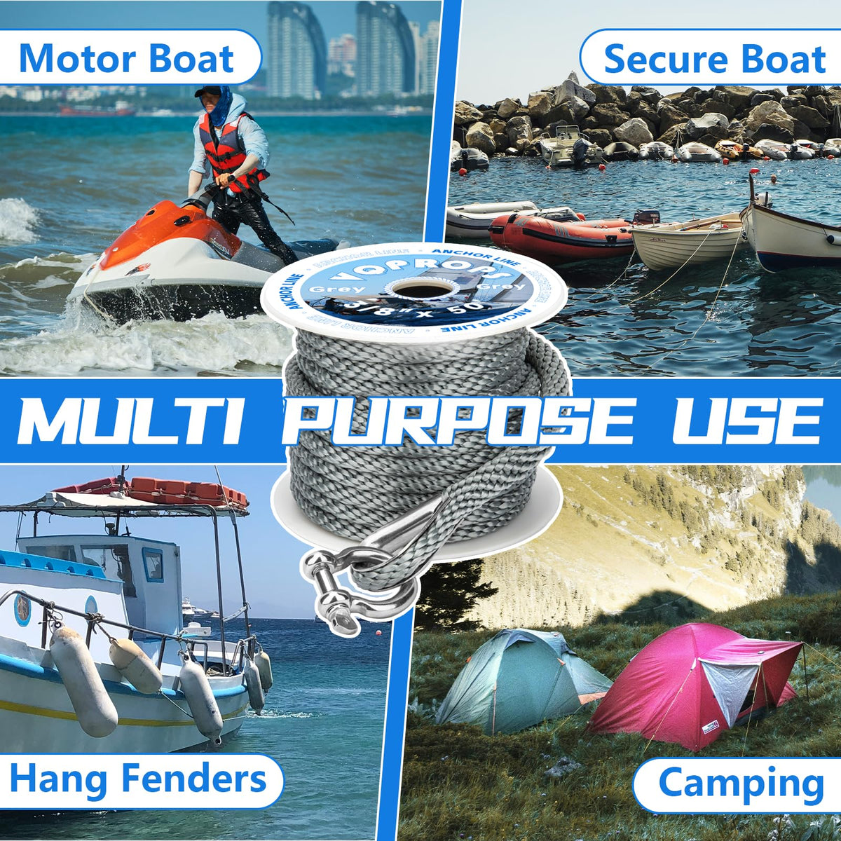 Anchor Line 3/8 inch 50ft. Grey Double Braided Nylon MFP Boat Anchor Rope ，with Stainless Steel Thimble and Shackle ，Anchor Line Fittings for Anchors and Boats Marine Rope
