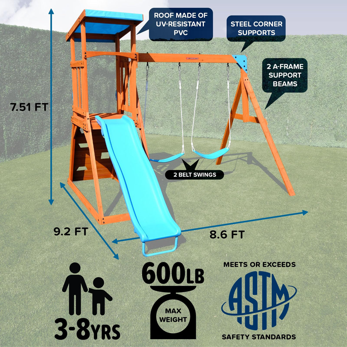 Sportspower Outdoor Grand Teton Cedar Wooden Swing Playset: 2 Swings, Fort, Sandbox, Ladder, 6ft Slide & Ground Anchor Kit