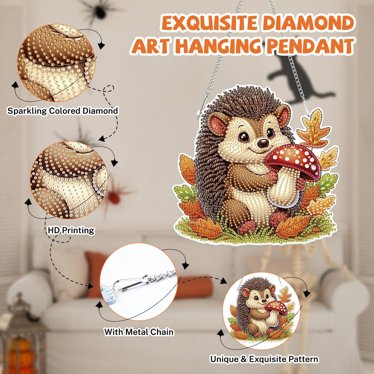 Bowetile Fall Diamond Art Hanging Kits for Adults, Hedgehog Diamond Art Suncatchers, 5D Special Shape Autumn Diamond Painting Pendant Window Ornament Gifts for Home Door Wall Decor