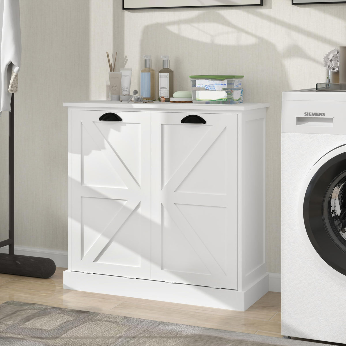 agnixnaf Two-Compartment Tilt-Out Laundry Sorter Cabinet with Removable Cloth Bags,Laundry Room Organization,UV Painting Cabinet for Laundry Room,Bathroom,Utility Room-White