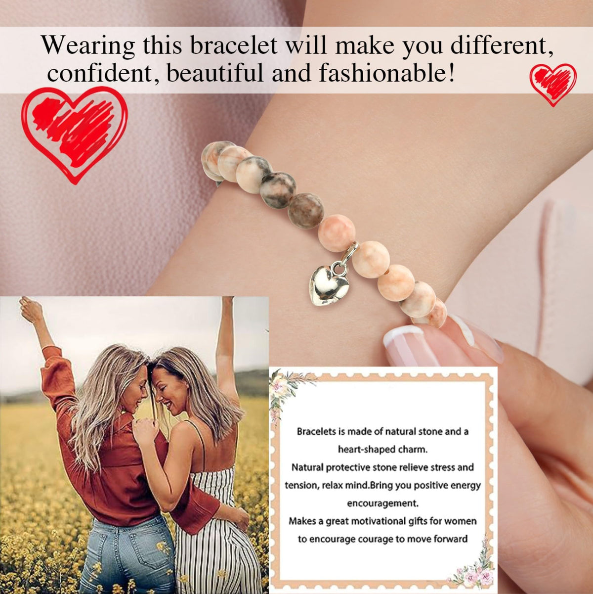 VICKHU Inspirational Gifts for Women Natural Stone Heart Butterfly Bracelet for women Unique Gifts for Birthday Mothers day Thanksgiving Christmas Valentine's Day Teacher Appreciation (Pink Zebra)