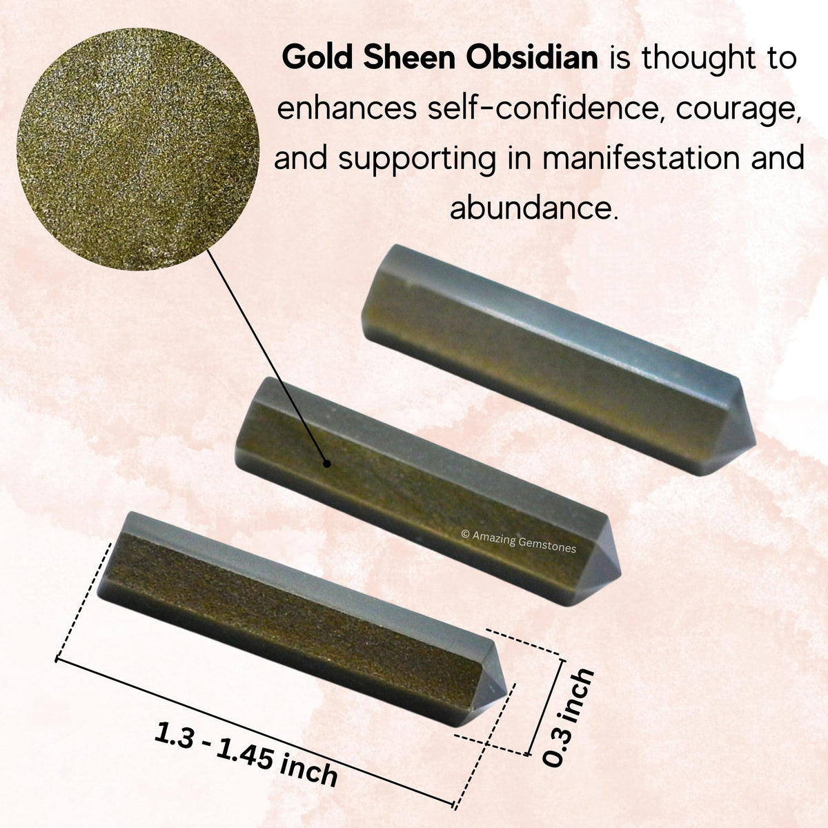 Amazing Gemstone Gold Sheen Obsidian Crystal Points Bulk Healing Crystals - Pack of 3 Single Terminated Healing Wand Point Bulk Crystals for Crafts, Crystal Grid, DIY - - Beginners Gift