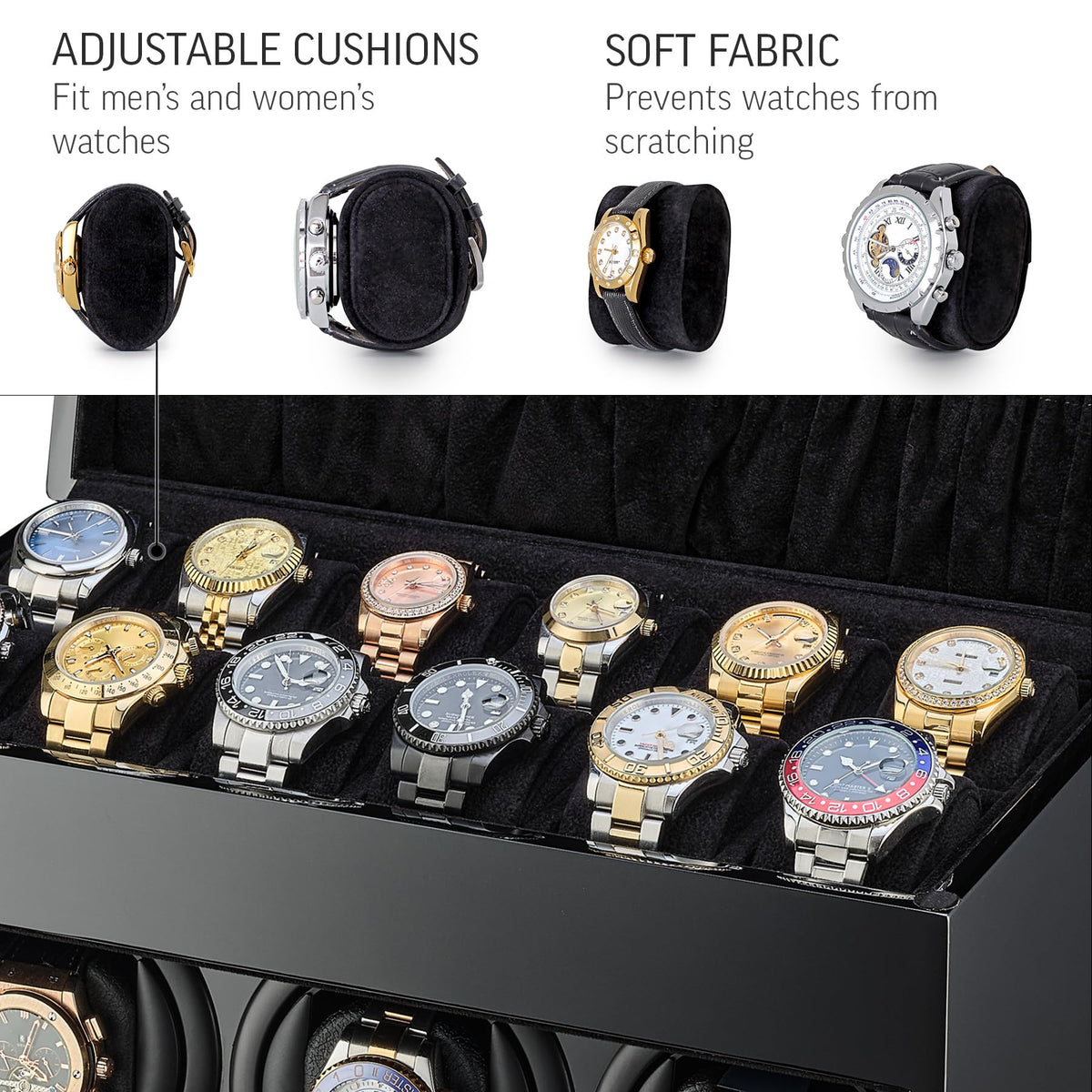 Watch Winder and Storage Box for Winding 3 Automatic Watches and 12 Watch Storage Space (Black+ Black)