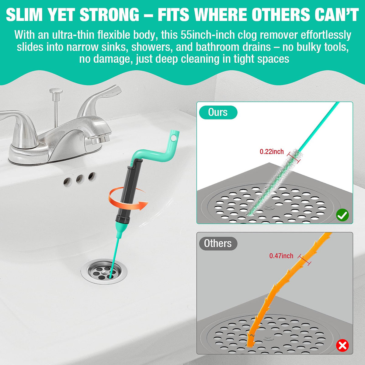 55inch Steel Core Drain Clog Remover Tool With Rotating Handle, Slim Snake Drain Hair Removal Tool For Narrow Pipes, Sinks, Showers, Toilets, Clears Hair, Blockages With Sink Drain Cleaner (5pcs)