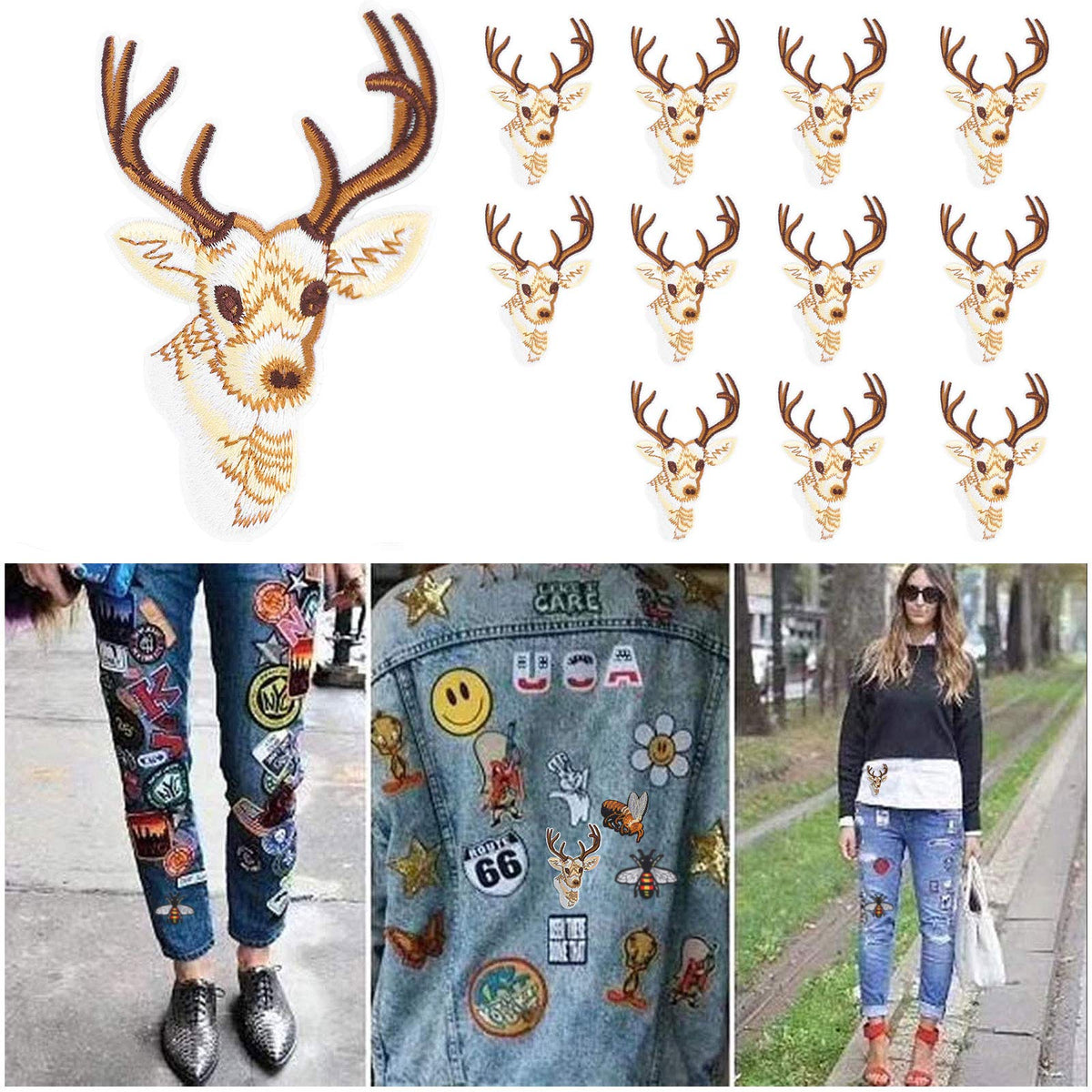 Fdit 12Pcs Delicate Sika Deer Head Patches Embroidered Cute Aesthetic Deer Embroidery Patches Iron on Patch Sew On Applique Patch Custom Backpack Patches for DIY Clothing Luggage