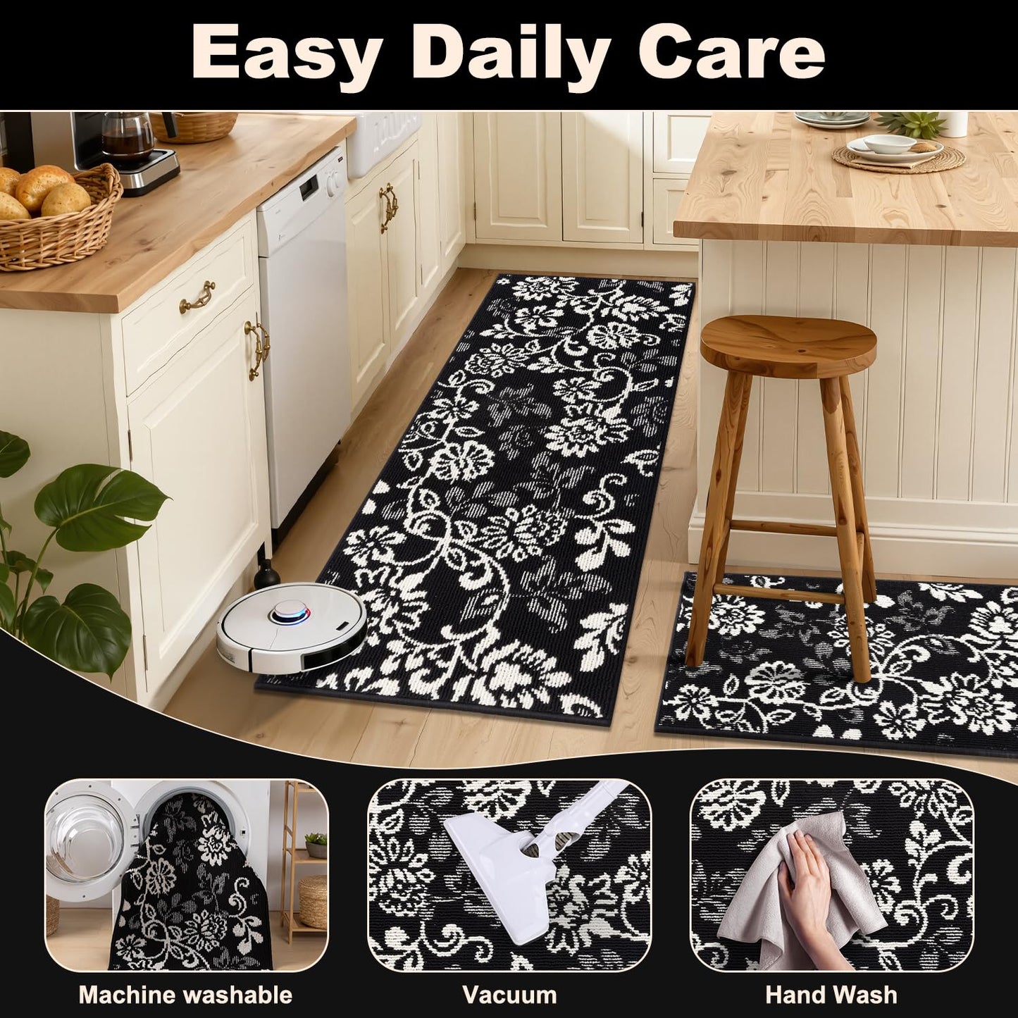 LOKHOM Boho Kitchen Rugs Sets of 3-Non Slip Stain Resistant Kitchen Mats for Floor, Paisley Floral Runner Carpet for Hallways Entryway Laundry Washable (Black & White 20"x32"+20"x48"+20"x59")