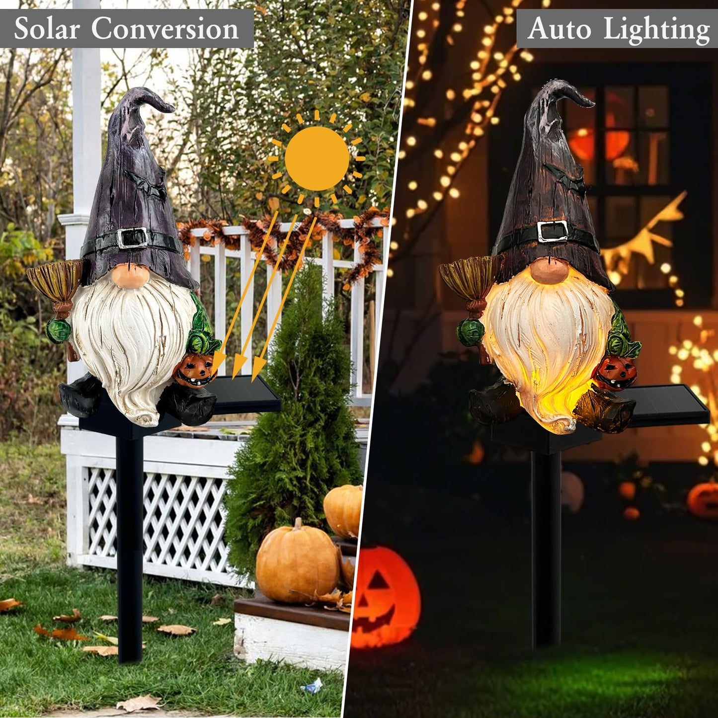 LAIAMER Halloween Gnome Garden Lights Outdoor Solar Halloween Pathway lights, Fall Yard Stakes Fall Decorations Gnome Statue with Bat&Pumpkin, Gnomes Gifts Fairy Garden Lights for Outside Lawn(Purple)