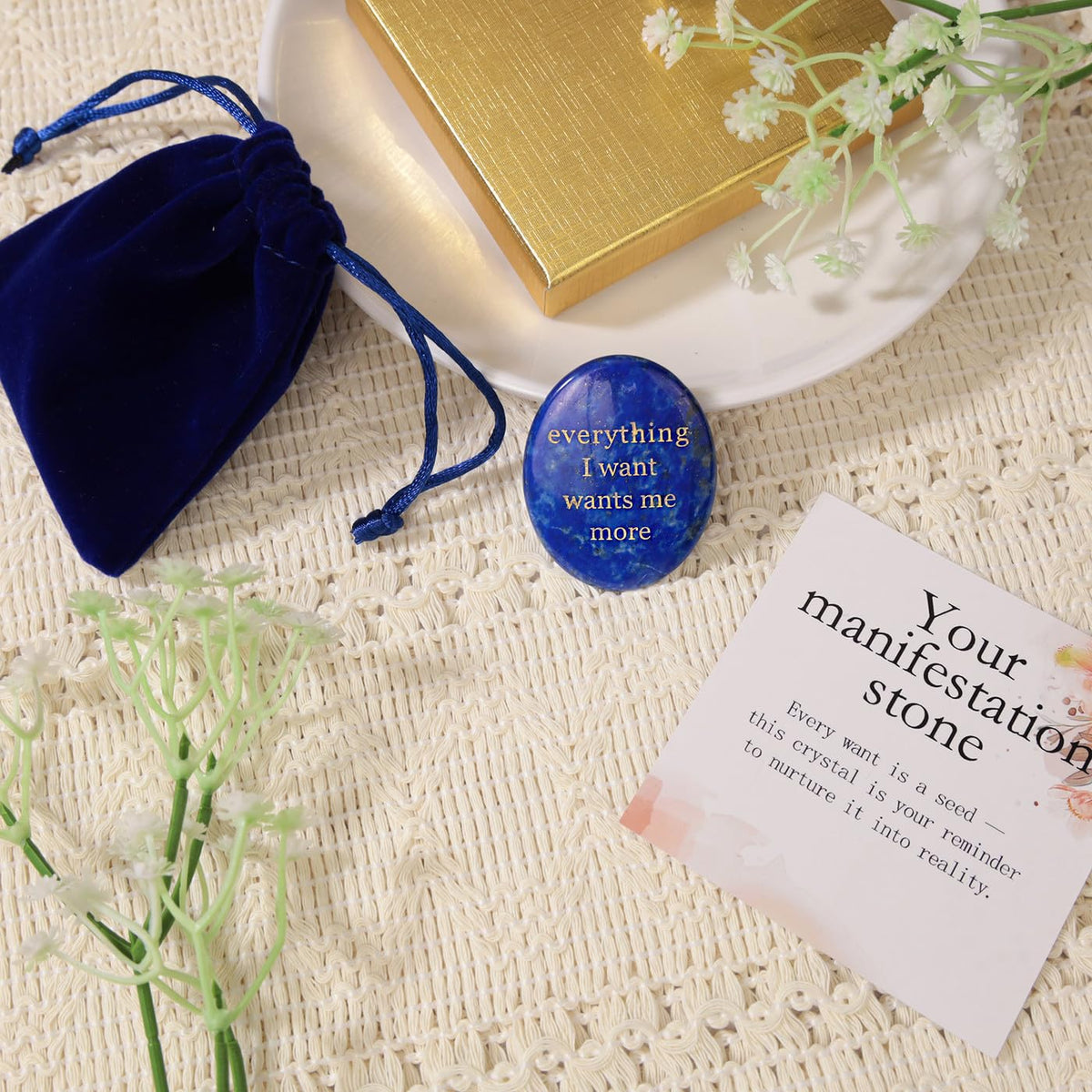 DUQGUHO Lapis Lazuli Crsytal Encouragement Gifts for Women Everything I Want Wants Me More Inspirational Positive Anxiety Relief Items Pocket Hug Stones Emotional Calming Sobriety Gifts for Women Men