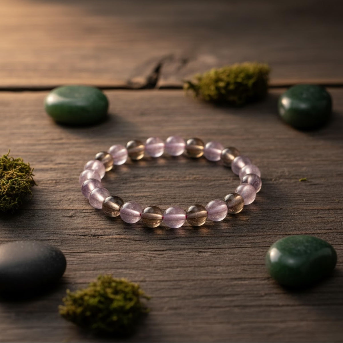 The Alchemist's Arcanum Adjustable Beaded Wrist Accessory for Men and Women, Stretch Fit Stone Bead Jewelry for Daily Wear and Gifting (Amethyst & Smoky Quartz)