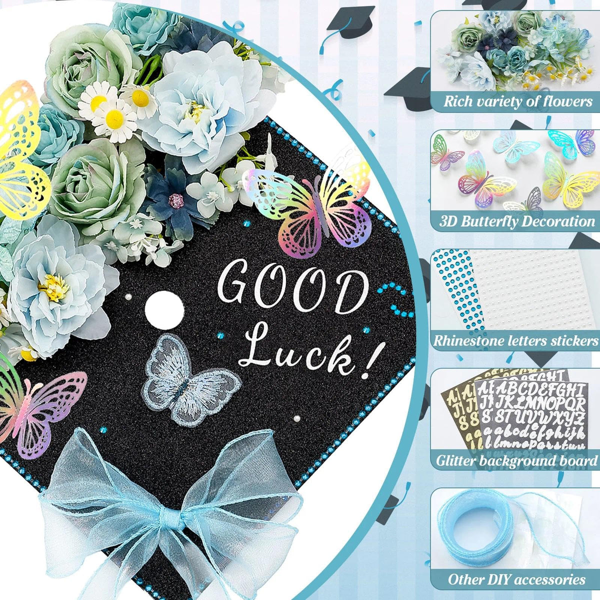 HCKLM Graduation Cap Decorations Kit - Assorted Flowers 3D Butterfly Stickers Glitter Rhinestones Alphabet Letter Number Stickers for DIY Grad Cap Topper 2026 Graduation Party Supplies (Blue)