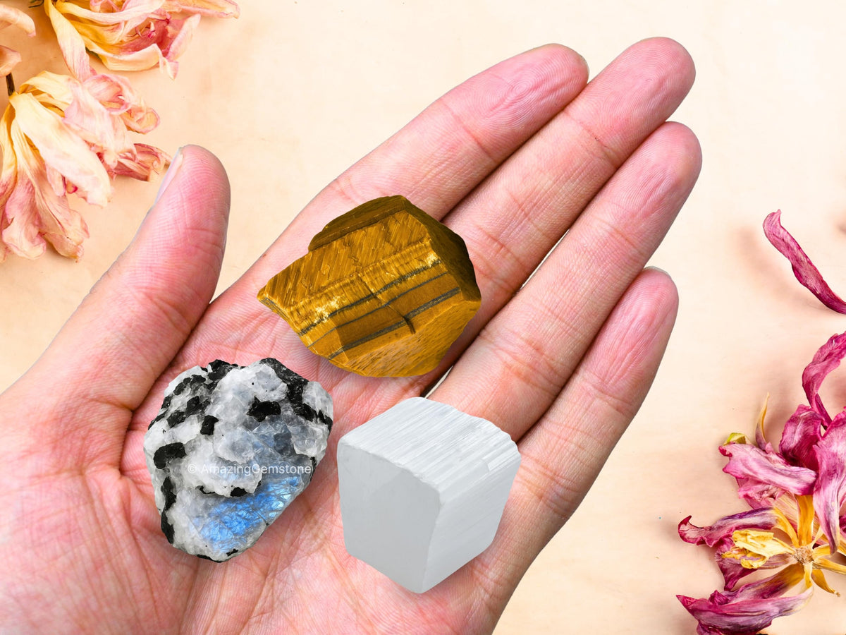 Amazing Gemstone Cancer Zodiac Healing Crystal Set, Pack of 3 Crystals Raw Stones Astrology Gifts for Women