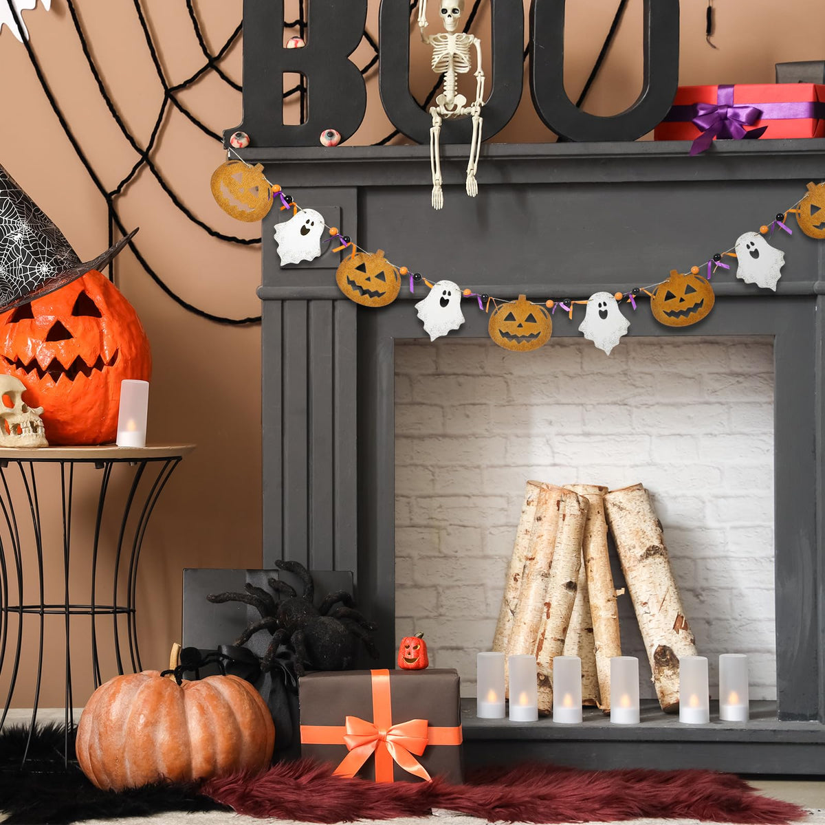 Cinnvoice 8.2 ft Halloween Ghost Pumpkin Garland Wooden Beads Garland Rustic Farmhouse Country Decor Wood Pumpkin Banner Ghost Halloween Hanging Decor for Fireplace Mantel Wall Home Window