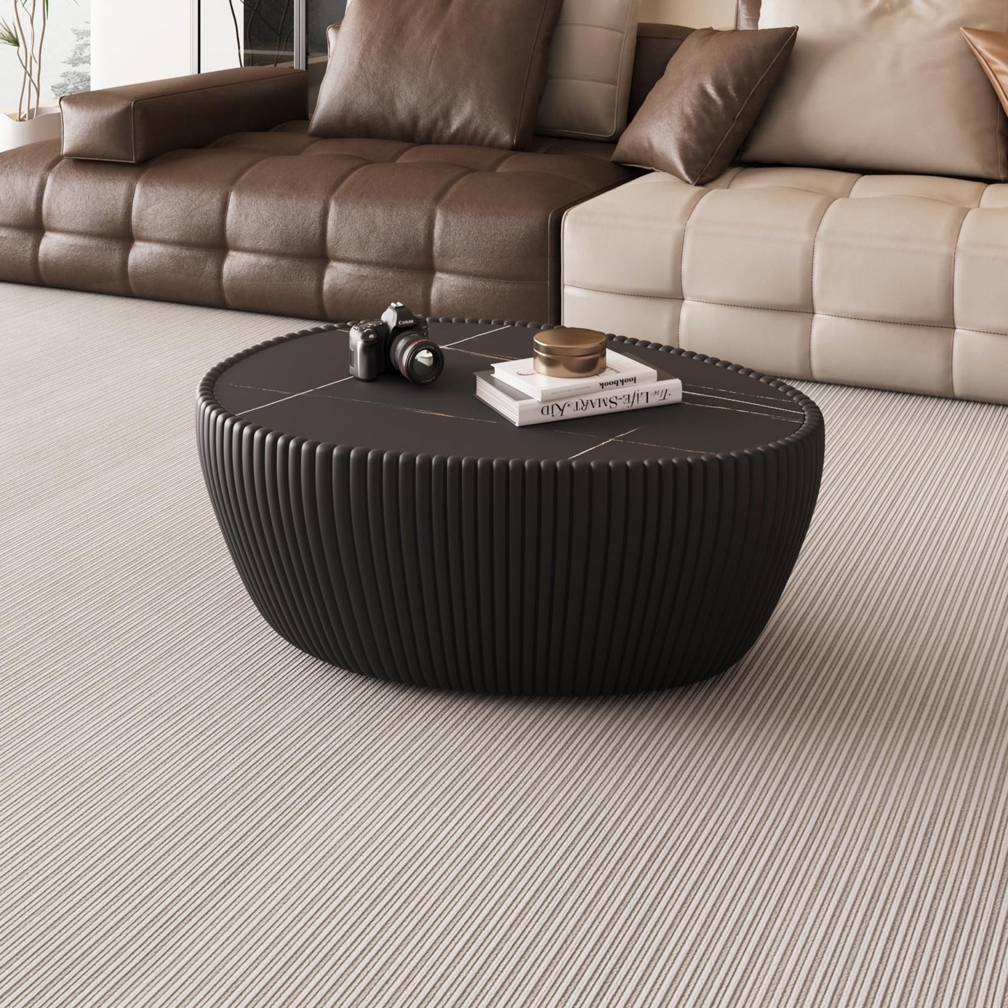 GDFStudio Goose Egg Shaped Marble Top Coffee Table with Microfiber Leather Frame, Modern Small Side Table with MDF Base, Unique Desktop Textures Tea Tables for Living Room Bedroom Office, Black
