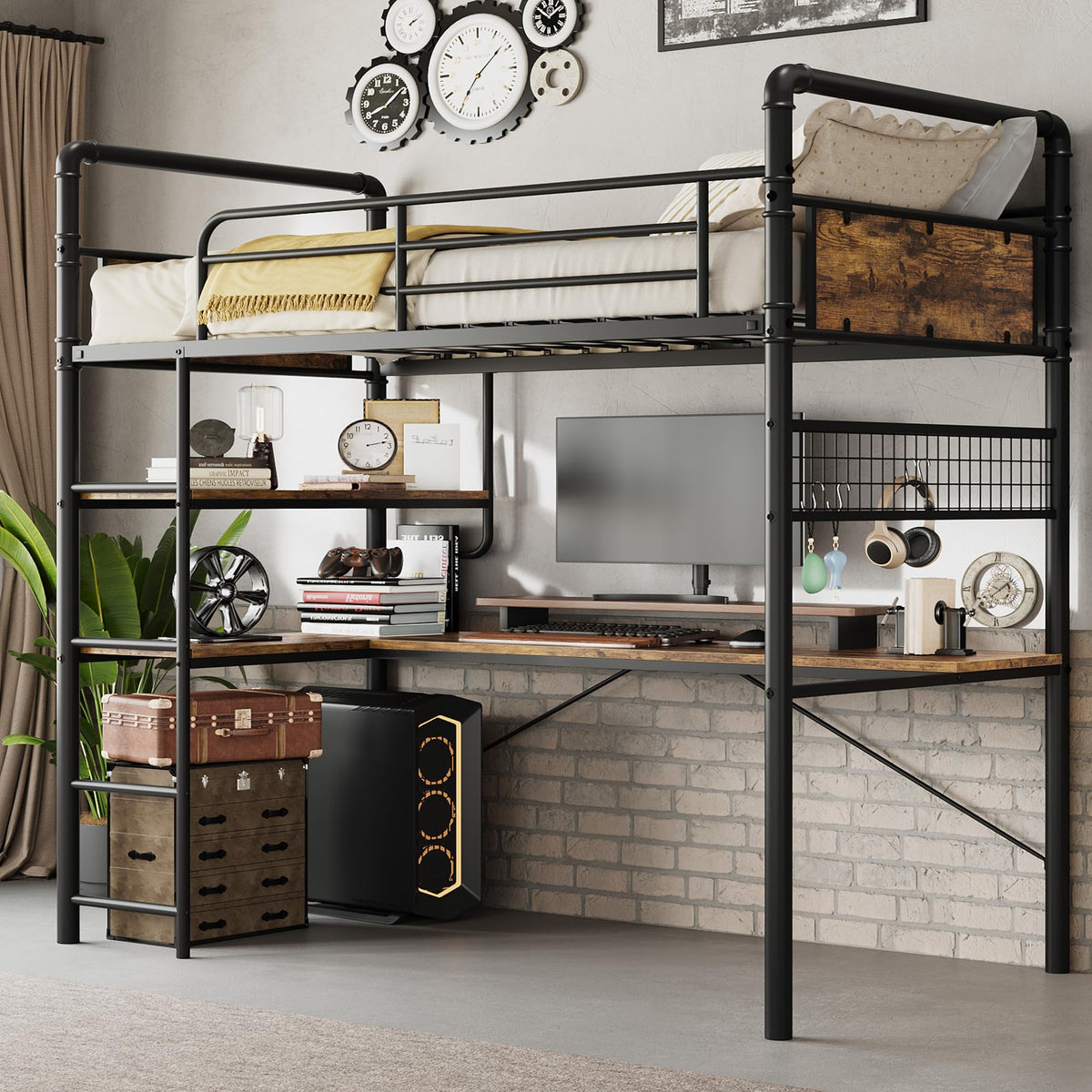 IDEALHOUSE Loft Bed Twin Size with l-Shaped Desk, Metal Bunk Bed with 2 Open Shelves and Decorative Mesh, Twin Loft Bed with 13.4" h Safety Guard & Ladder,No Box Spring Needed,Brown