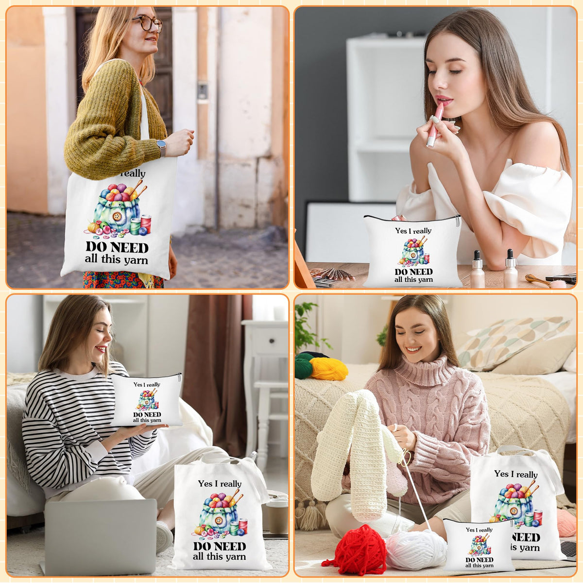 Canvas Crochet Tote Bag for Women - 2 Pcs Aesthetic Cosmetic Pouch Tote Bags, Yarn Pattern Fun Quote Design Reusable Grocery Bags, Gifts for Crochet Lovers Mom Friends