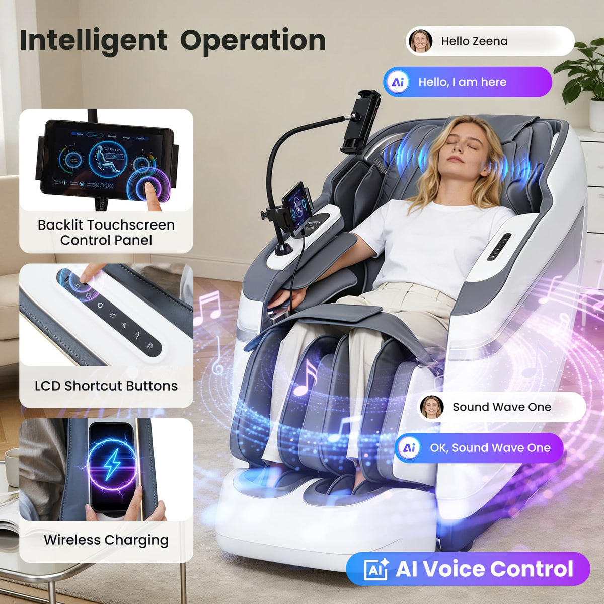 KTENTITO 4D Music Rhythm Massage Chair Full Body Recliner, 2026 Unique Sonic Resonance Zero Gravity SL-Track Shiatsu with Knee Heating Blanket AI Voice Bluetooth Foot Roller Body Scan Airbags G9 White
