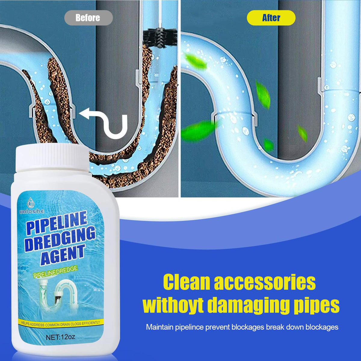 Pipeline Dredging Agent, Drain Clog Remover, Powerful Sink Drain Cleaner for Bathroom and Kitchen Sink Pipe Unclog (2PCS)