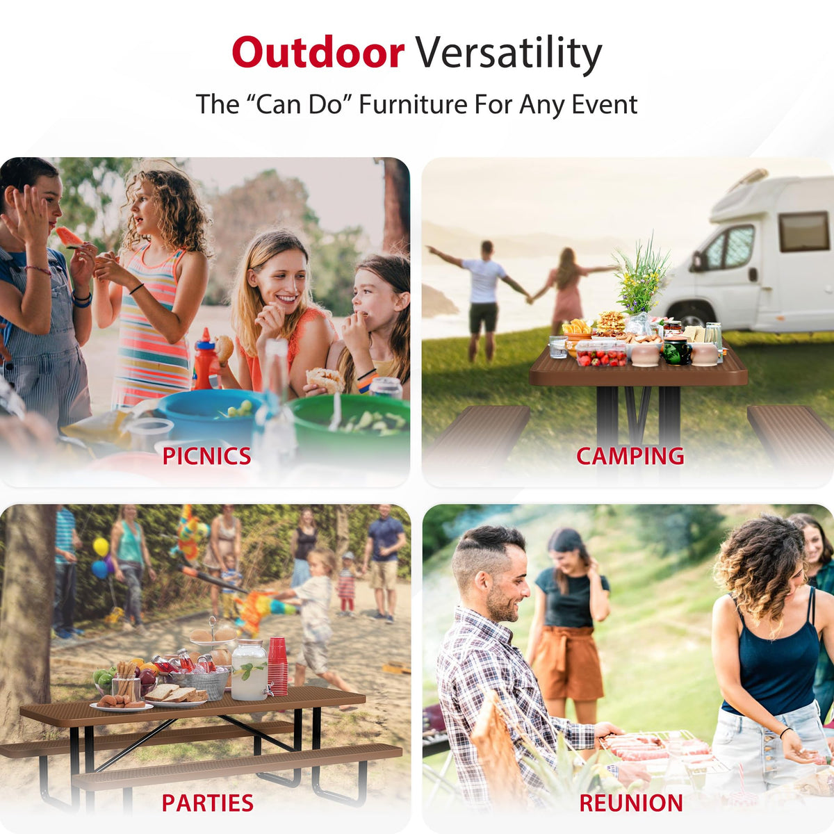 Leisure Craft Metal Picnic Table with Bench - 8 ft Rectangle Outdoor Dining Table for 8, Umbrella Hole, Weatherproof Heavy Duty Thermoplastic Coating, Commercial Grade Furniture Made in USA - Brown