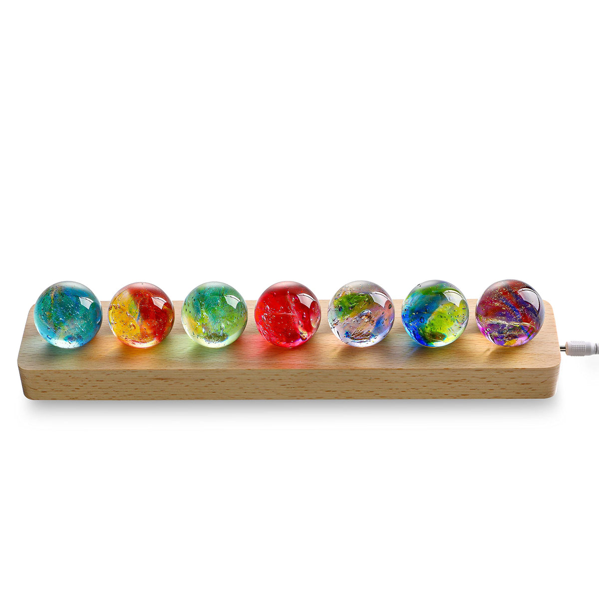KRISININE 7 Chakra Natural Healing Spheres with LED Wooden Stand 40mm Crystal Quartz Stones for Meditation Positive Energy Night Light Decoration