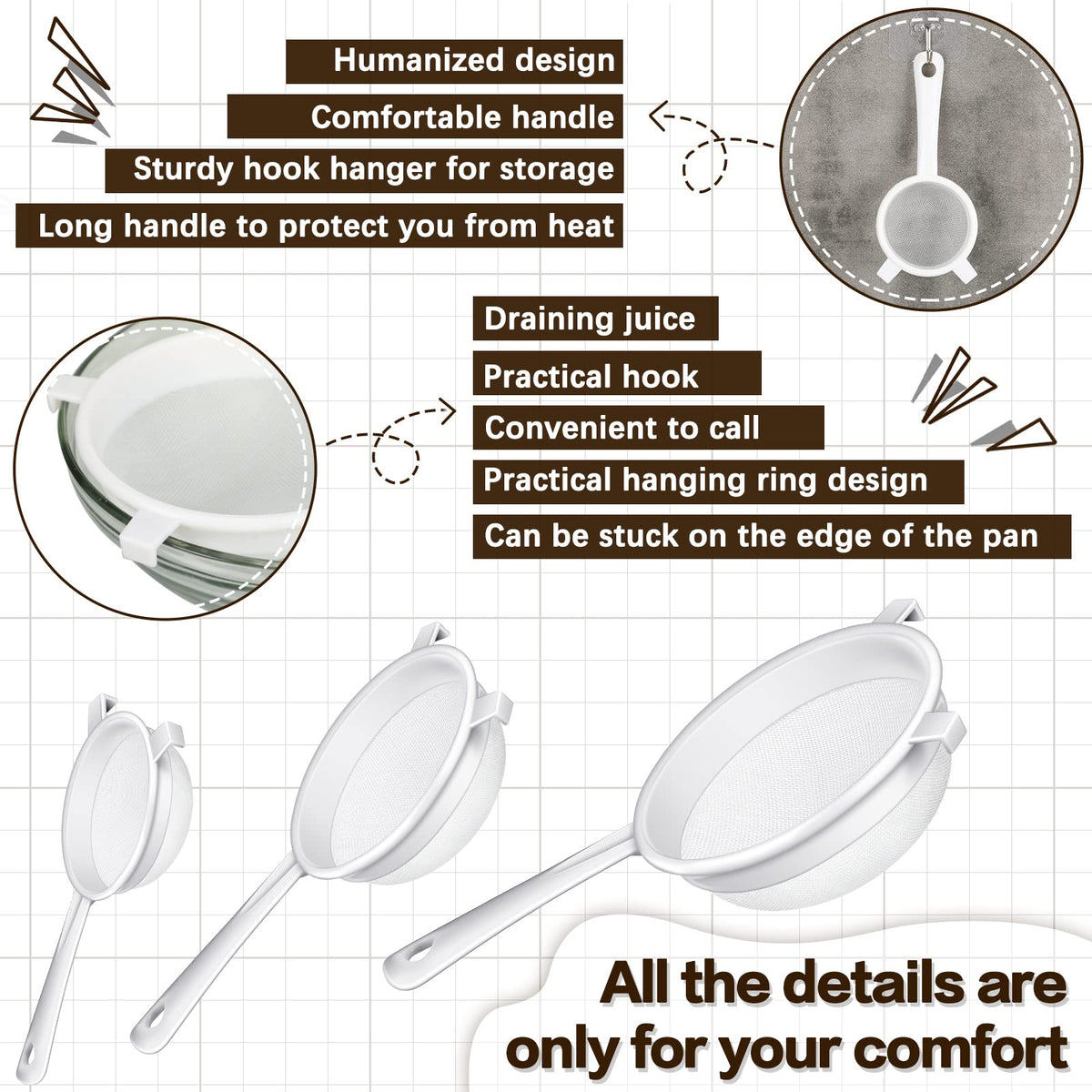 3 Pcs Plastic Nylon Mesh Strainer Colander with Handle Double Ear Fine Food Mesh Strainer Flour Sifter for Baking Kitchen Colander Sifter Kefir Tea Juice Pasta(3 Inch, 5 Inch, 7 Inch)