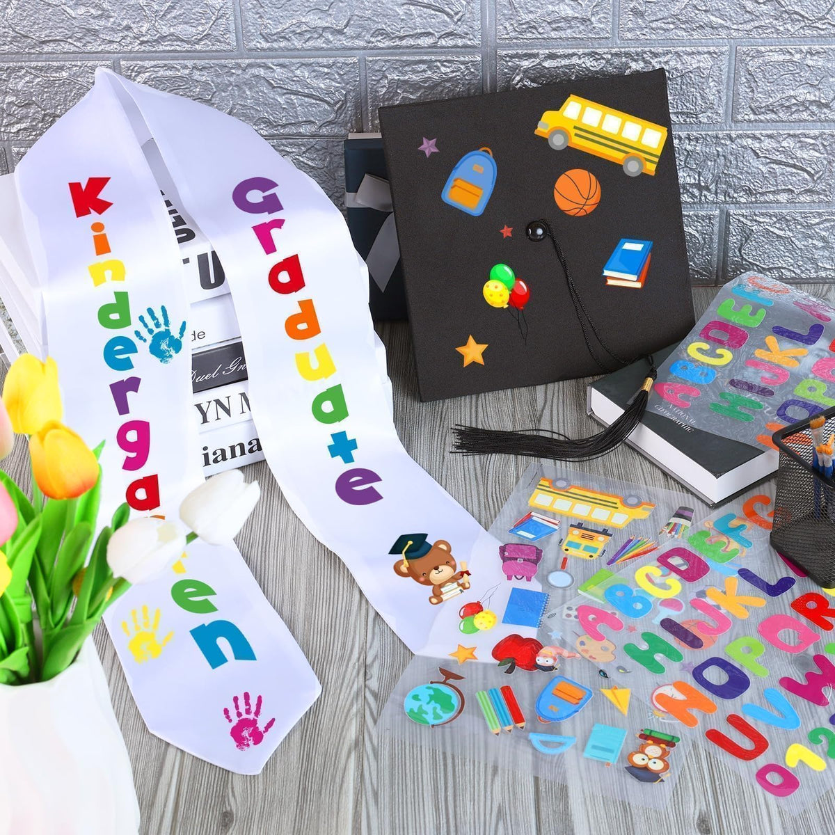 6 Pcs 2026 Preschool Kindergarten Graduation Cap Stole Iron on Letter Set Unisex Cap and Graduation Sash Sublimation Blank Stole Graduation Gifts for Kids Iron on Letters for DIY Craft