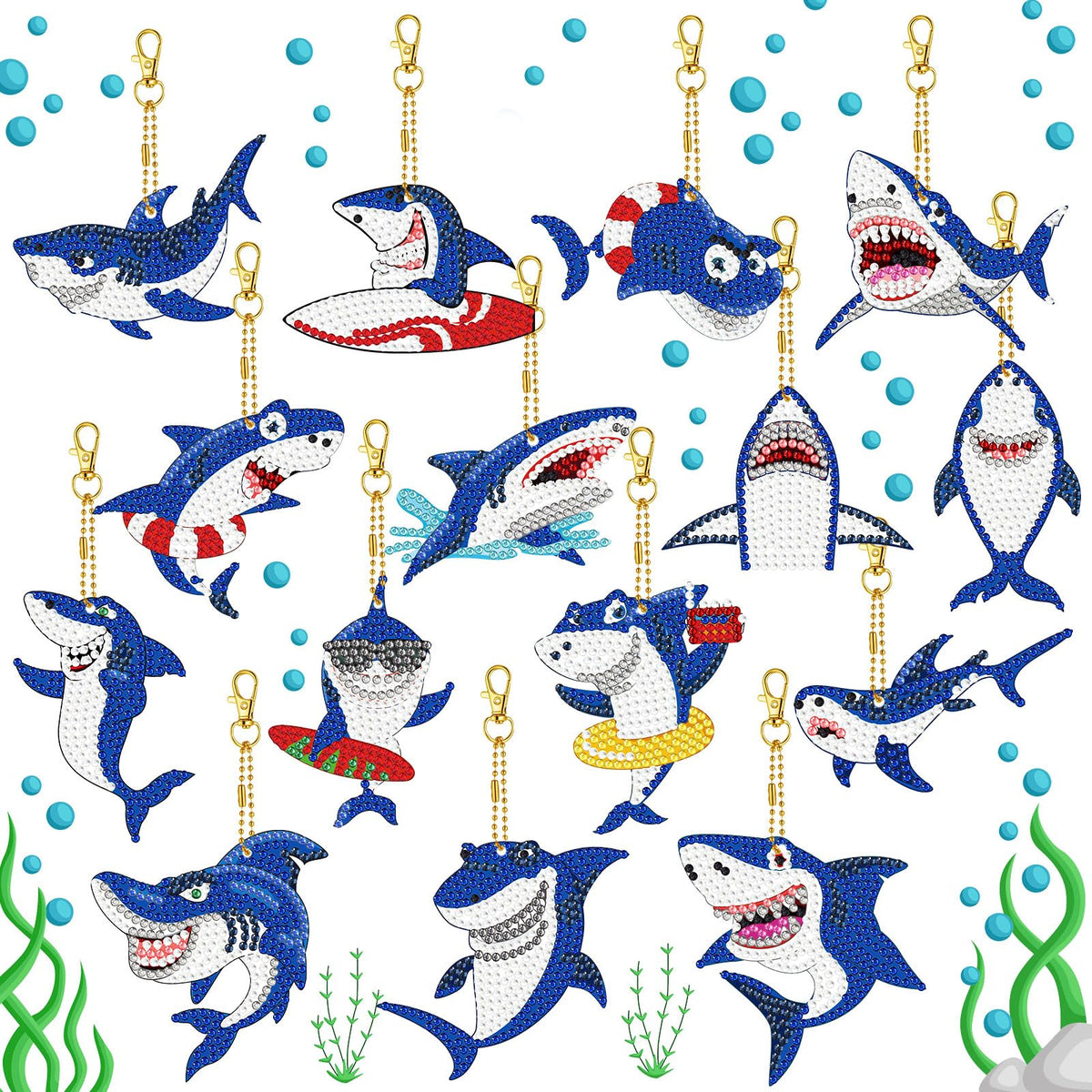 Henoyso 15 Pcs 5D Diamond Painting Keychains DIY Shark Diamond Art Keychain Kit for Kids Boys Girls Adult Mosaic Full Drill Pendant Phone Charm Bag Pendant Accessory Arts Crafts