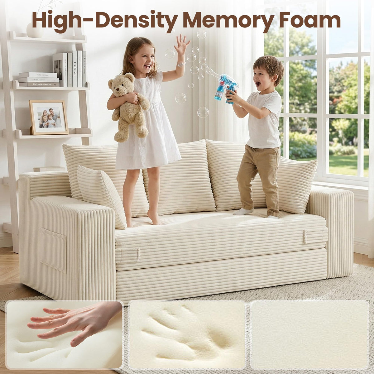 JUIKURY Boneless Couches 70 inch: 3-in-1 Convertible Sofa Bed Futon Couch Bed, Oversized Loveseat Sleeper Sofa with 5 Pillows, Beige Couch for Living Room, Bedroom & Small Space