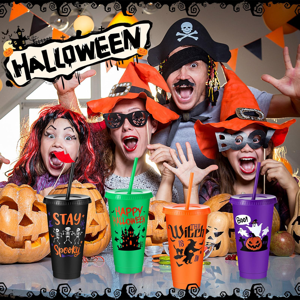 Chuangdi 30 Pack Halloween Plastic Tumbler with Lids and Straws Reusable Plastic Cups Spooky Cups Bulk for Kids Adults Halloween Party Birthday Supplies(24 oz,Pumpkin)