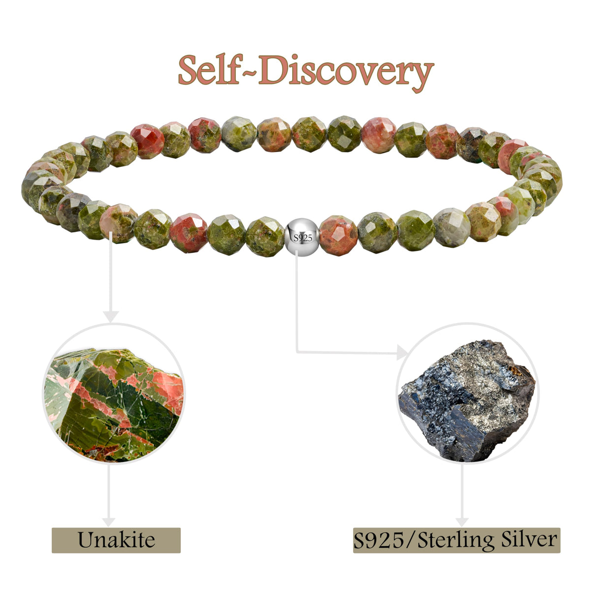 Unakite - Self-Discovery - Beaded Bracelets for Women,Handmade Natural Stone 4mm Beads 925 Sterling Silver Stretch Bracelets, Chakra Crystal Gemstone Jewelry Gifts for Mom