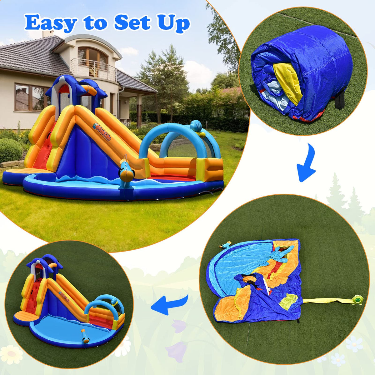 OLAKIDS Inflatable Water Slides, 14FT x 10FT x 8.5FT Shark Theme Bouncy House with Slide, Splash Pool, Climbing Wall, Water Gun, Outdoor Jumping Castle with Hose Carry Bag Stakes