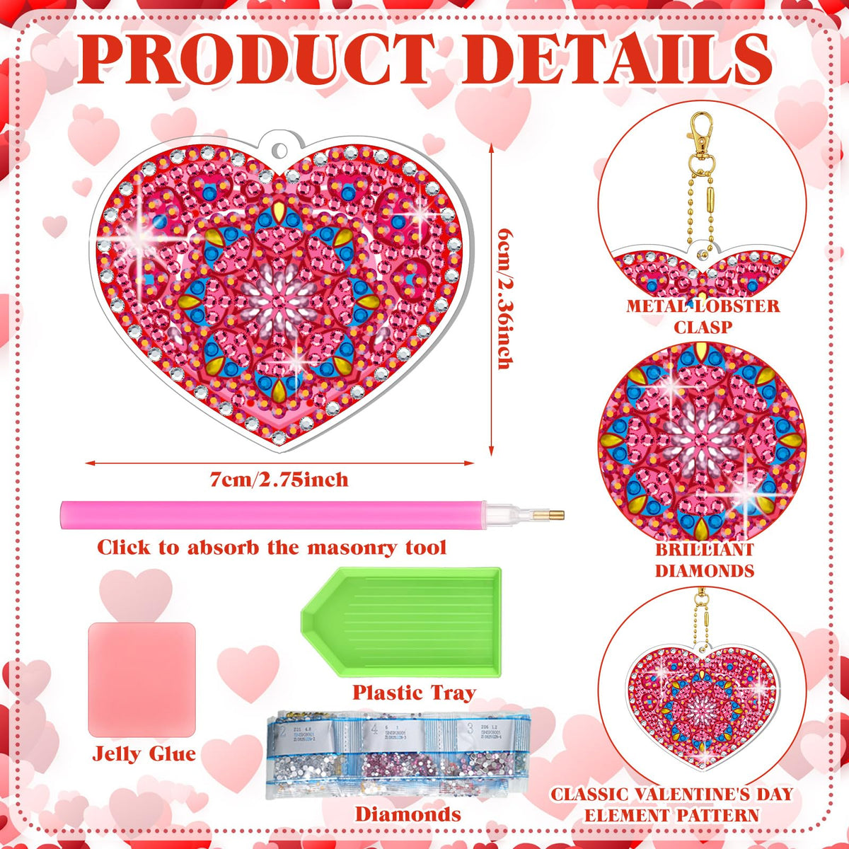 Ferreve 28 Pcs Heart Diamond Art Keychain Kits for Adults Double Sided DIY Pink Heart Diamond Painting Keychain Hanging Ornaments Rhinestone Gem Key Ring Art Pendant Decor Crafts Accessories Gifts