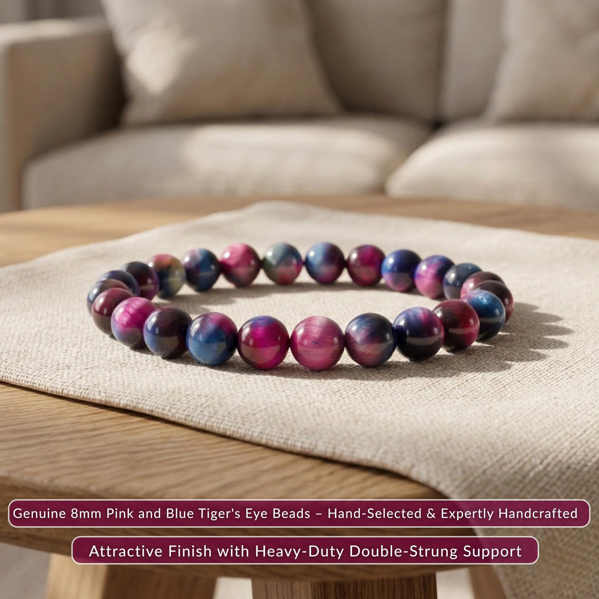 Cherry Tree Collection Pink and Blue Tiger's Eye Beaded Bracelet – Genuine 8mm Gemstone Stretch Bracelet for Men & Women – Handmade Crystal Bracelet - (Pink and Blue Tiger's Eye - S)