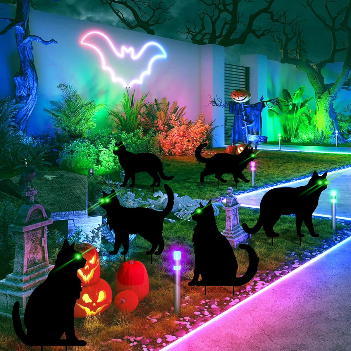 sewrung 6 Pcs Black Cat Halloween Decorations Plastic Yard Signs with Stakes,Halloween Decorations Outdoor, Scary Silhouette with Glow in Dark Eyes for Outdoor Yard Lawn Garden Halloween Décor
